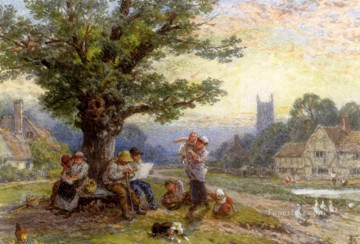  victoriana Pintura Art%c3%adstica - Fugures y niños debajo de un árbol en un pueblo victoriano Myles Birket Foster